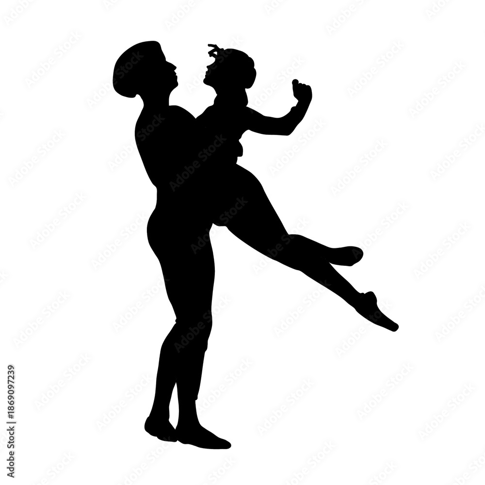 Fototapeta premium A black silhoutte of a man holding a woman in a dance pose. 