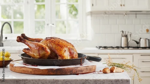 Wallpaper Mural Roasted whole chicken on plate with garnishes, served with white wine and fresh vegetables for Thanksgiving dinner. Torontodigital.ca