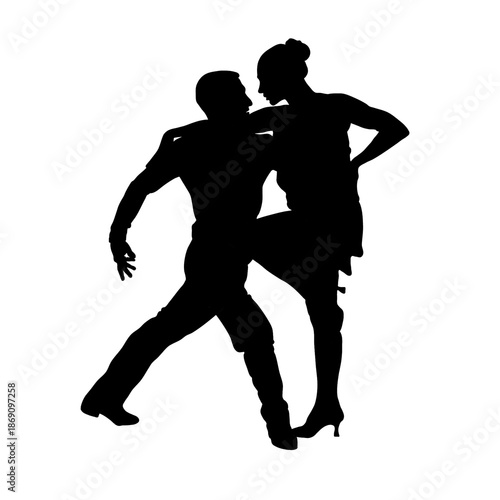 A silhouette of a man and a woman in a dynamic tango pose. 
