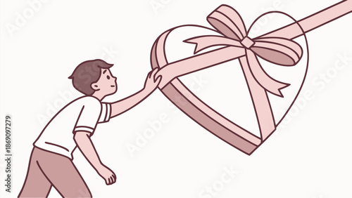 Boy tenderly holding large heart shaped gift box with ribbon