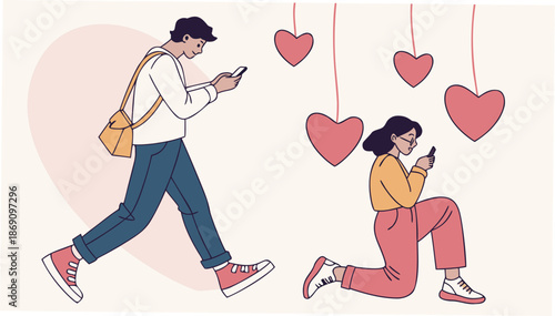 Couple in love using smartphones with hanging hearts
