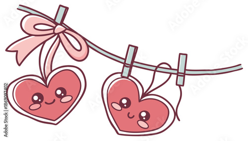 Cute cartoon hearts hanging on a clothesline with a bow