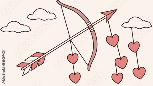 Whimsical bow and arrow with floating hearts in clouds