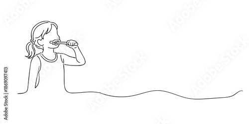 Hand drawn single line illustration of a young girl brushing her teeth. Line art style with clean and minimalist outline, representing oral hygiene, dental care, and healthy daily routine for children