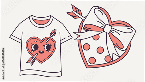 Cute cartoon heart designs on t-shirt and gift box for Valentine's Day