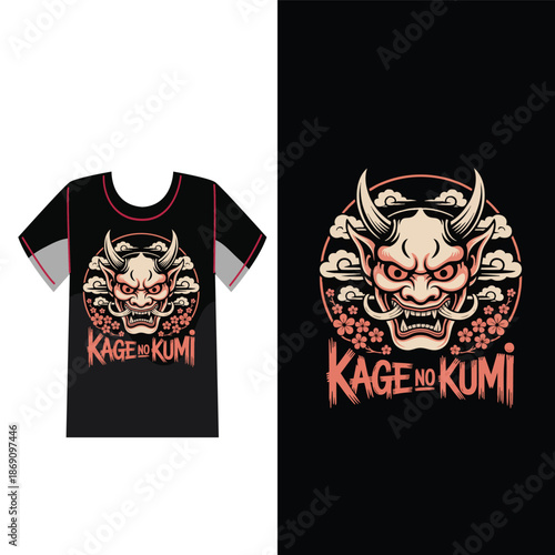 Japanese Demon Tee Design: A striking illustration of a Japanese demon face on a t-shirt, showcasing the intricate details of traditional art, the design, representing the intensity of the subject.