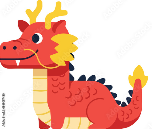 Illustration of a red cartoon dragon with yellow accents and a friendly smile