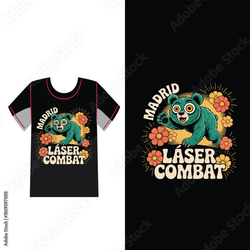 Madrid Laser Combat: A creative t-shirt design showcases an artistic representation of a bear amidst floral accents, ideal for laser combat enthusiasts