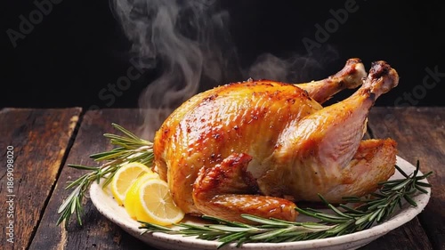 Wallpaper Mural hot stream Roasted whole chicken Christmas style golden crispy skin rosemary lemon garnish ceramic plate rustic wooden table  Torontodigital.ca
