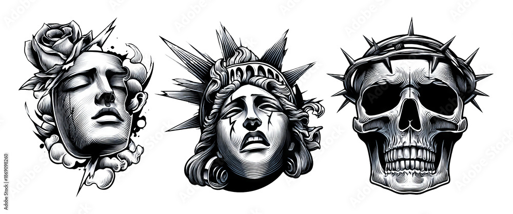 Fototapeta premium Elegant yet Brutal Surreal Ink Art Featuring Mortality Concepts and Iconic Symbols