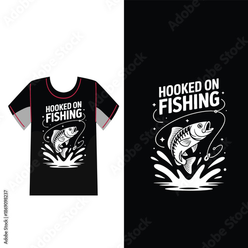 Hooked on Fishing: A visually appealing illustration presents a T-shirt design concept, showcasing a dynamic graphic centered around a leaping fish, symbolizing the thrill of angling.