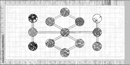 A sketch of a cellular structure with interconnected nodes on graph paper
