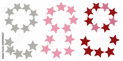 Arrangement of colorful stars in gray pink and red shades forming patterns