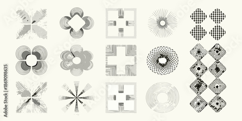 Abstract geometric patterns and floral designs in a grayscale arrangement