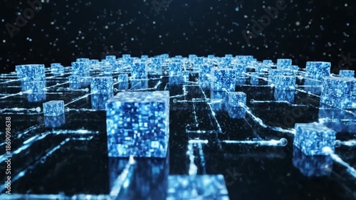 Abstract Digital Network of Glowing Blue Cubes Connected by Light Lines