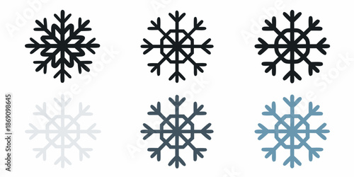 Six variations of snowflake designs showcasing different shades and complexity