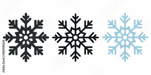 Three detailed snowflake illustrations in varying shades of blue and black