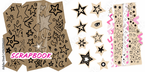 A colorful scrapbook paper sheet with stars stripes and handwritten doodles