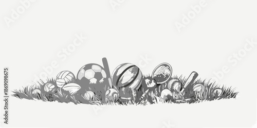 A collection of various sports equipment including balls and rackets