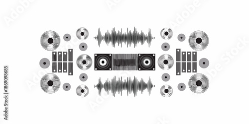 An artistic rendering of audio equipment and sound wave visualizations
