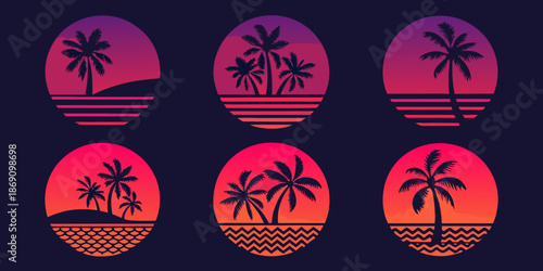 Tropical palm trees and vibrant sunset gradients in a retro design aesthetic