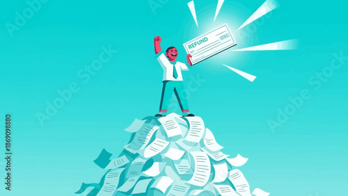 Illustration of a person triumphantly holding a large cheque atop a mountain of money against a vibrant blue background