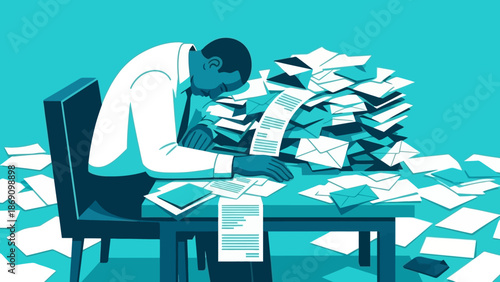 Man Overwhelmed by Stack of Papers at Office Desk