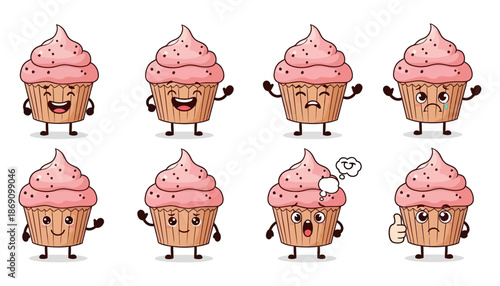 Collection of eight cartoon cupcakes with various expressive faces and hand gestures displaying emotions and reactions character expression happy sad surprised thinking thumbs up