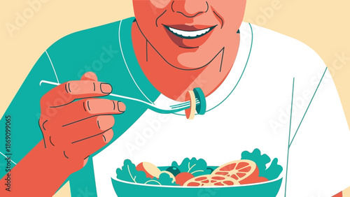 A person enjoying a healthy meal with a fork, savoring fresh vegetables and fruits in a bowl