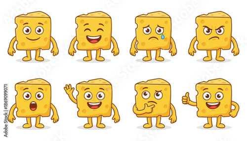 Set of eight cartoon cheese slice characters displaying various emotions like happiness sadness anger confusion and excitement food happy angry excited confused laughing crying