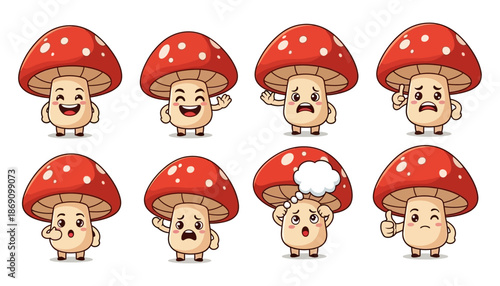 Set of eight cartoon fly agaric mushrooms with different expressive faces and gestures each depicting unique emotions and actions character expression emoji kawaii cute funny