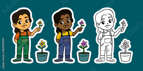 Diverse Kids Gardening with Flowers Sticker Set