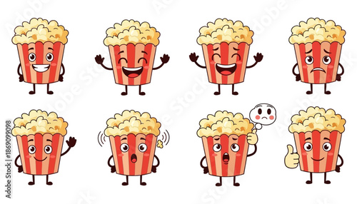 A collection of eight cartoon popcorn buckets with expressive faces displaying various emotions including joy sadness surprise and contemplation character happy surprised