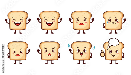 A collection of eight cartoon slices of bread with expressive faces showing a range of emotions from happy to sad and surprised The bread characters have arms and legs toast