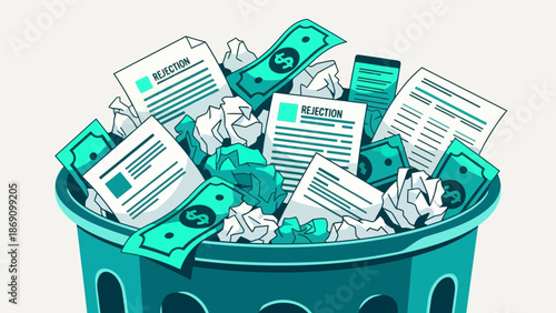 A teal trash can overflowing with crumpled documents and money, symbolizing financial waste, viewed from above in a graphic illustration.