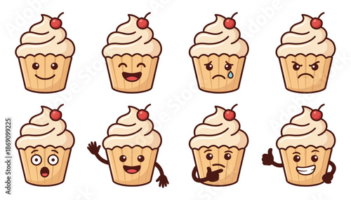 A collection of eight cartoon cupcakes with various expressive faces conveying different emotions and gestures including happiness sadness anger and surprise expression happy