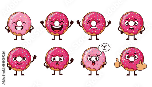 Set of eight cartoon donuts with pink frosting and sprinkles displaying various human like emotions and gestures including happy sad surprised thinking and thumbs up food