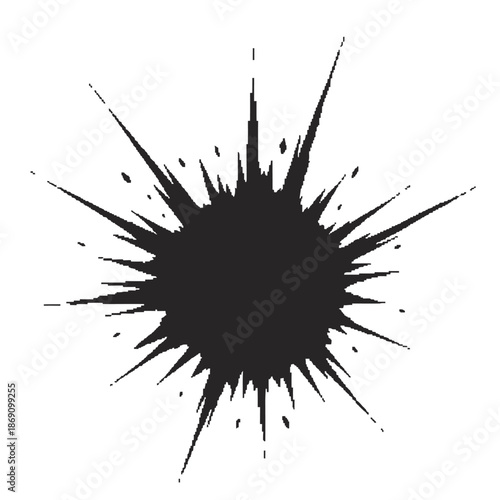 A black ink splatter with sharp spikes bursting outwards, representing a powerful explosion or a chaotic artistic effect