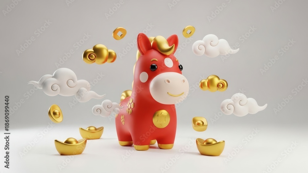 Naklejka premium 3D rendering of a cute red Chinese zodiac horse character with gold sycee, ancient coins, and stylized clouds on a white background, concept for Lunar New Year and Year of the Horse celebration.