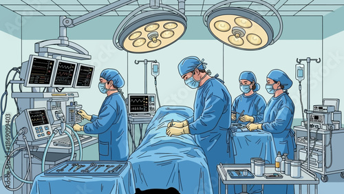 Surgeons performing an operation in a hospital theater with medical equipment and lights
