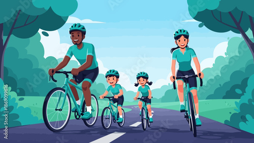 Family cycling together on a scenic road surrounded by lush greenery and a clear blue sky