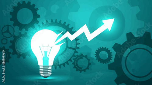 Innovative idea generation with glowing light bulb and rising graph surrounded by mechanical gears