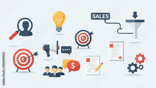 Business marketing strategy icons and elements for sales and growth.