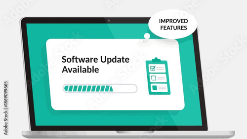Laptop screen displaying software update progress bar on teal background