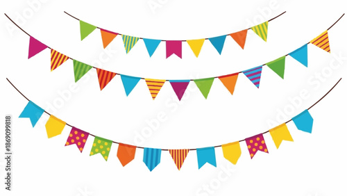 Colorful Party Bunting Flags Hanging on String for Celebration.