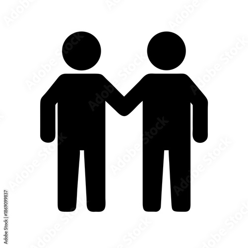 Black and white icon of two people standing side by side for unity, support, or companionship
