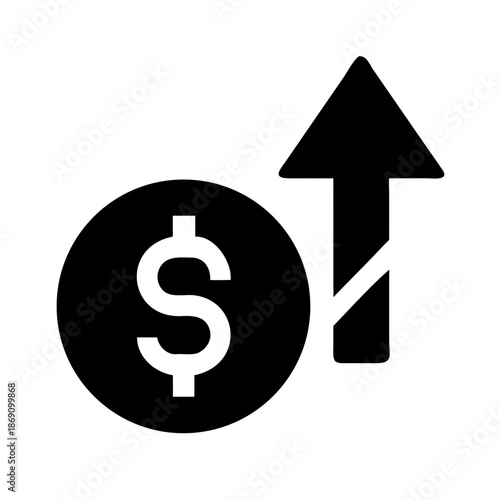 Black and white icon of dollar sign in circle with upward arrow for financial growth or rising value