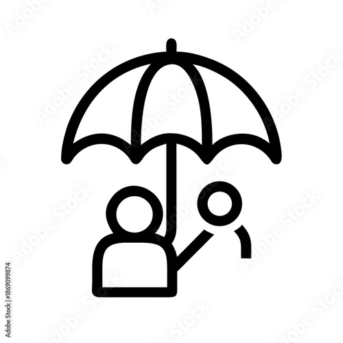 Black and white icon of two people under umbrella for protection, insurance, or social support