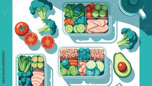 Assorted Healthy Food Containers with Fresh Vegetables and Fruits on a White Surface