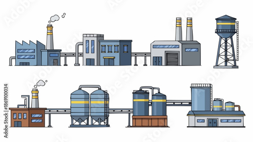 Industrial factory buildings with pipes and smoke stacks.